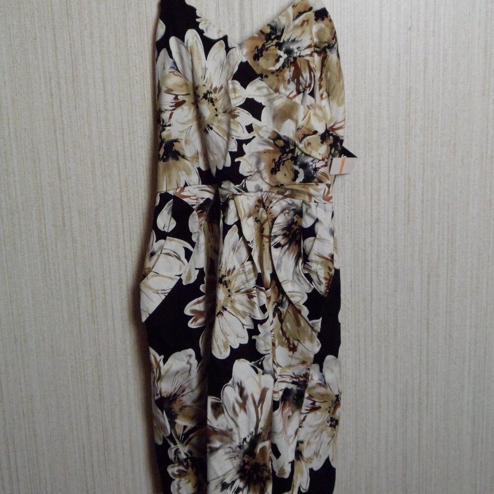New Ladies Snap Black & Tan Floral Strapless Dress With Pockets Size 13